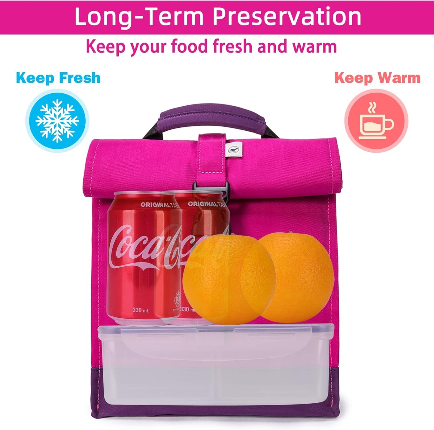SUNNY BIRD Insulated Lunch Bag Rolltop Lunch Box Tote Lunchbox Bag for Women, Girls, Teens and Kids (Purple)