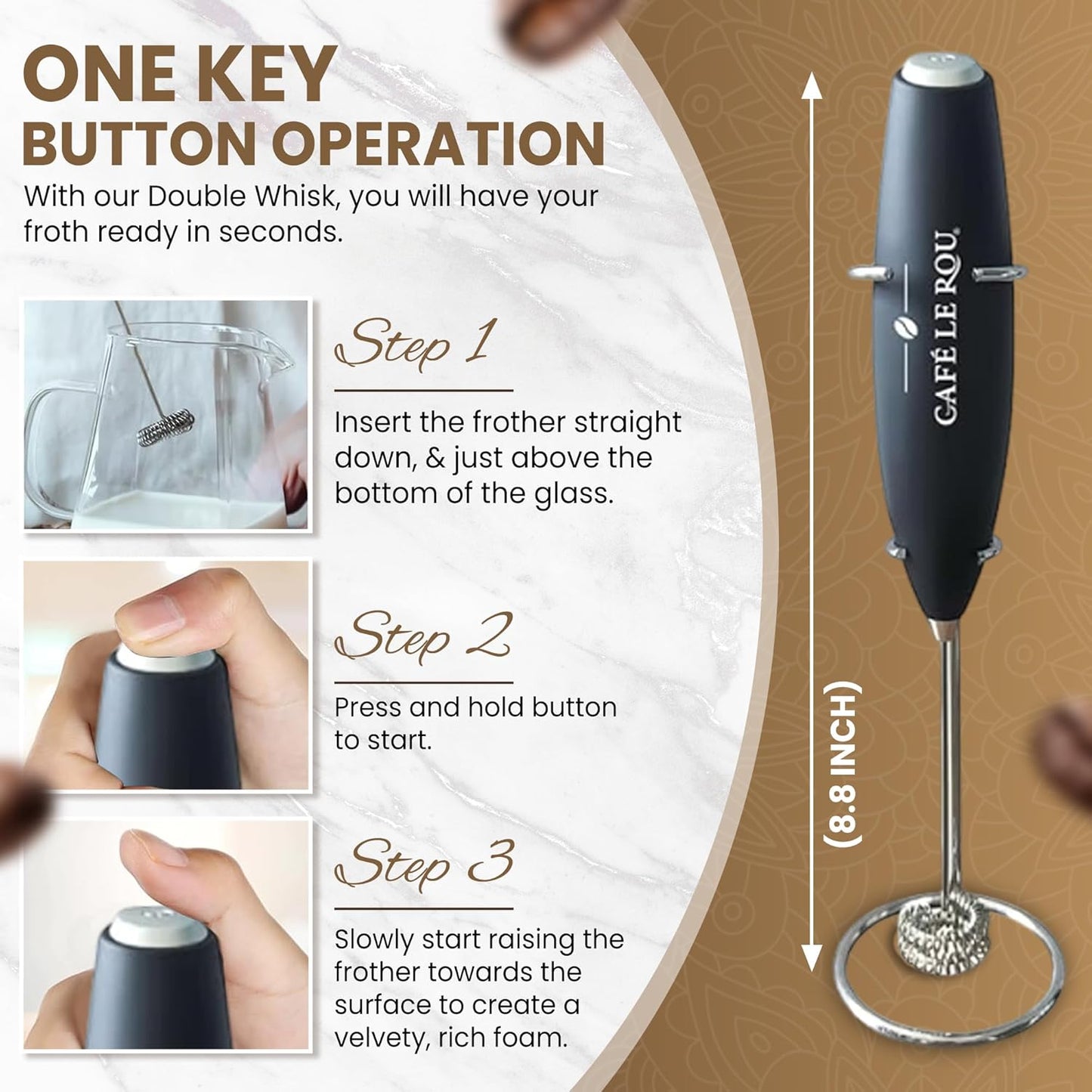 Cafe le Rou Milk Frother Handheld Battery Operated - Double Whisk with Stand. Batteries included. Electric Foam Maker, Drink Mixer with Stainless Steel Whisk