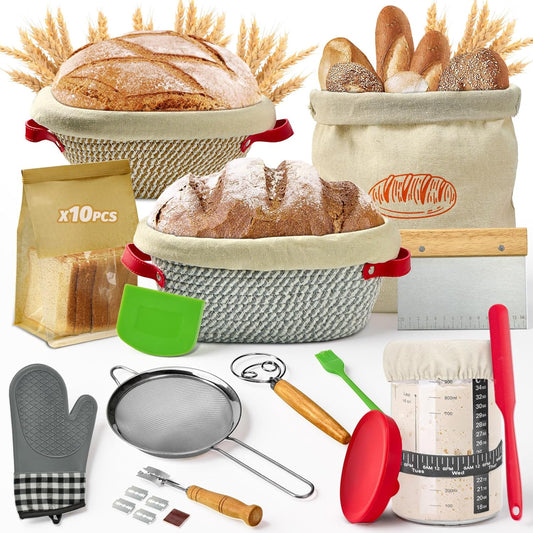 HASHMUST Banneton Bread Proofing Basket Kit, Sourdough Starter Jar Set, 9'' Round 10" Oval Fermentation Bowls Homemade Baking Supplies, Tools with Dough Whisk Cutter Lame Scraper Brush Scraper Bags