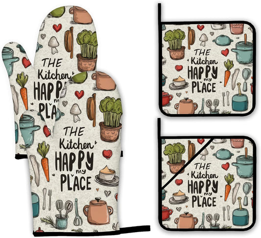 Oven Mitts and Pot Holders,The Kitchen is My Happy Place Heat Resistant Oven Mitts Gloves and Pot Holder for Home Kitchen Decorations Cooking Baking BBQ Gifts,Set of 4