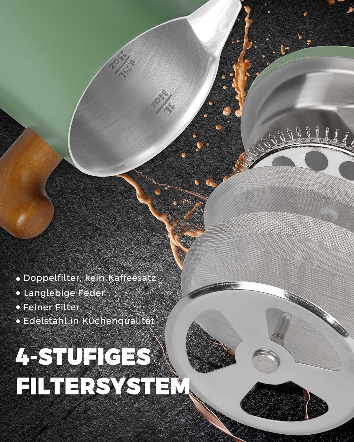 POLIVIAR French Press Coffee Maker, 34 oz Coffee Press with Real Wood Handle, Double Wall Insulation & Dual-Filter Screen, Food Grade Stainless Steel for Good Coffe and Tea, JX2025-XFPN