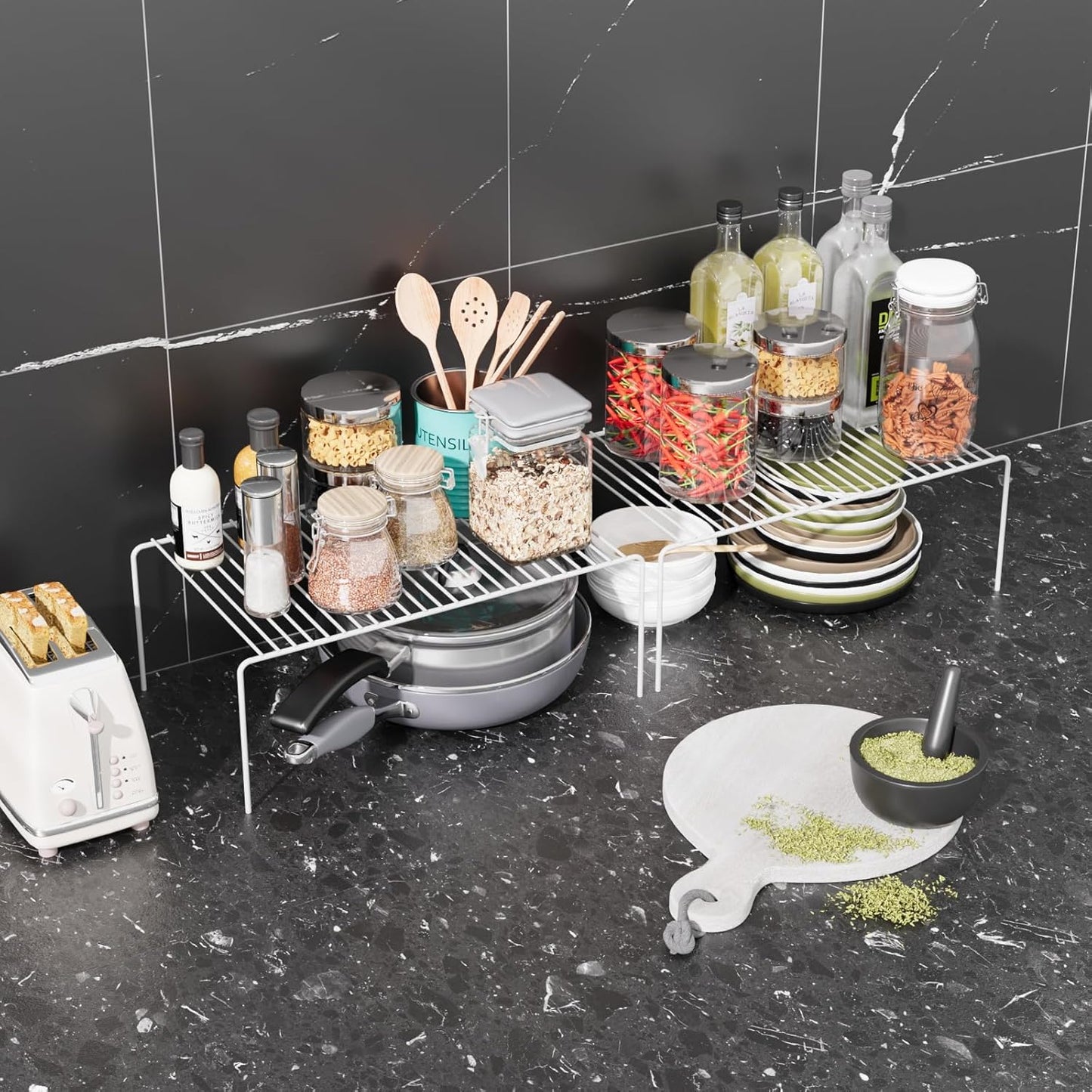 Large(15.7 x 9.4 inch)White Cabinet Storage Shelf Rack Set of 6, Rustproof Metal Wire Kitchen Counter Organizers and Storage, Spice Organization for Cabinet, Plate, Dish, Pantry, Bathroom, Fridge