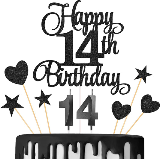 14th Birthday Cake Decorations, 14th Birthday Candles Cake Numeral Candles and Glitter Happy 14th Birthday Cake Toppers Set for Birthday Party Supplies (Black)