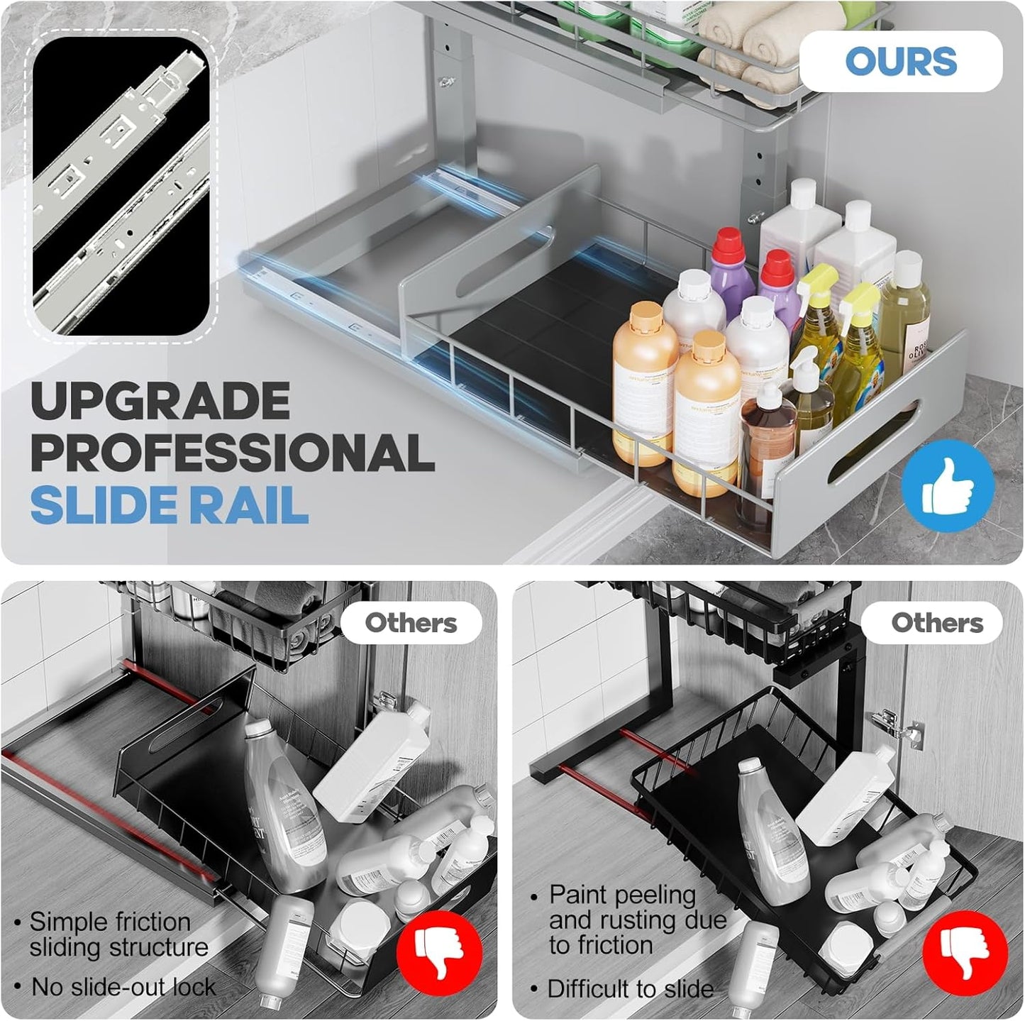 1 Pack Under Sink Organizer Upgrade to Professional Rails,2-Tier Dual Pull Out Cabinet Storage,Height Adjustable Slide Out Drawers for Bathroom Kitchen,Under Sink Shelf-Gun Gray