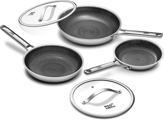 Nonstick Frying Pan Set with 2 Lid, Non-Toxic Tri-Ply Hybrid Ceramic Skillet 3 Piece, 8, 10 & 12 Inch Stainless Steel Pans, PFAS/PFOA/PTFE Free, Dishwasher & Oven Safe, Induction Compatible