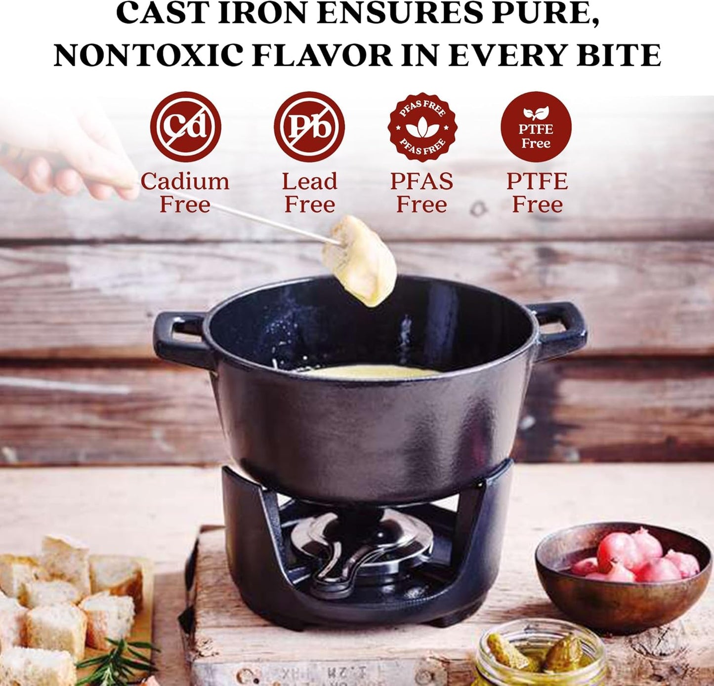 Alva Nori Cast Iron 2-Qt Fondue Pot Set – Made With No PTFE/PFOA/PFAS, Oven Safe – Works on Induction – 3-Layer Enamel, Easy to Clean, No Seasoning Needed – Includes 8 Forks, Burner & Stand