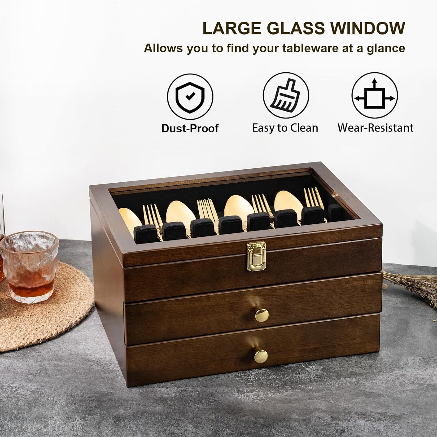 Silverware Box, 3-Layer Wooden Silverware Storage Box with Glass Lid, 14.5×10.6 Inches Luxury Style Decor Flatware Storage Case for Fine Flatware & Utensils, Gift Idea (Walnut)