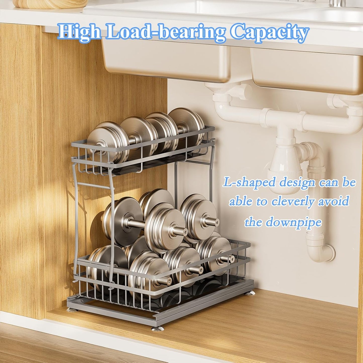 1 Pack Under Sink Organizers and Storage, 2 Tier Pull Out Cabinet Organizer, Metal Sliding Drawer Storage for Kitchen Bathroom，Gray