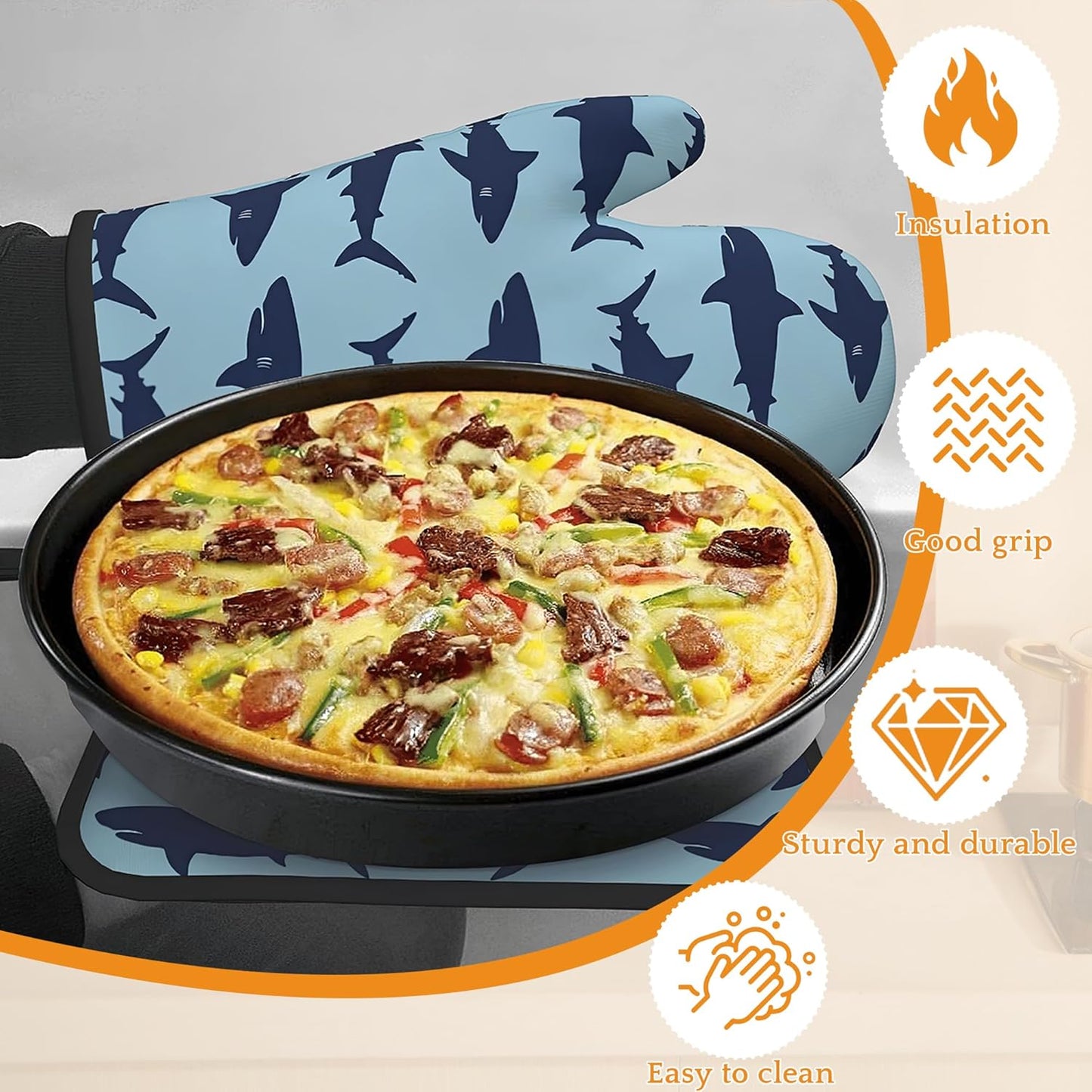 Blue Shark Oven Mitts and Pot Holders,Heat Resistant Oven Mitts Gloves and Pot Holder for Home Kitchen Decorations Cooking Baking BBQ Gifts,Set of 4