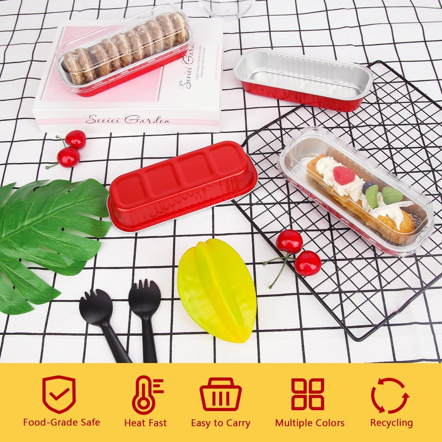 LNYZQUS Disposable Mini Cake Pans with Lids 100 Pack, 6.8oz Rectangle Mini Loaf Pan Baking Cups Muffin Tin,Aluminum Foil Cupcake Baking Tins Containers for Christmas New Year-Red