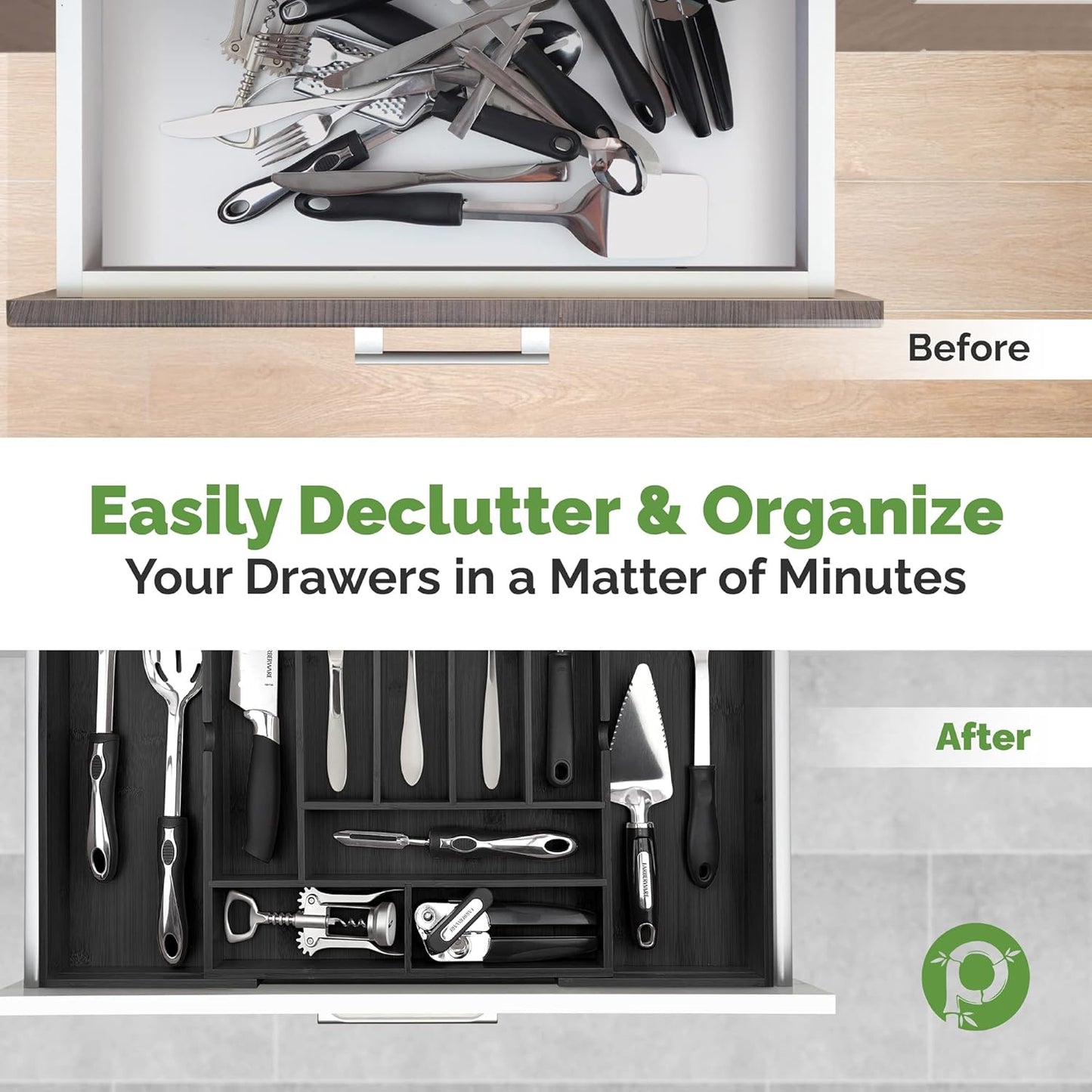 Silverware Organizer - Expandable Kitchen Drawer Organizer - Adjustable Kitchen Drawer Organizer for Utensils, Expandable to 25 Inches Wide, 10 Slots - Black