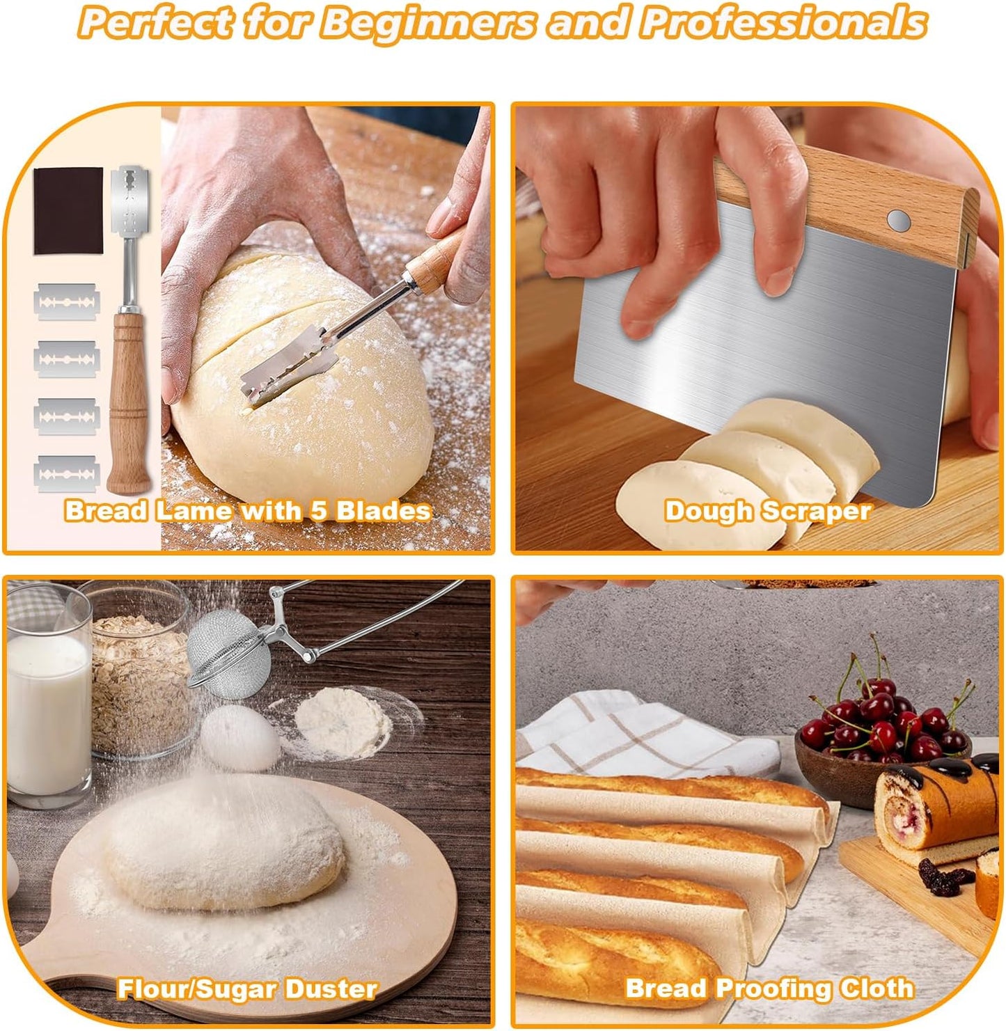 Large Sourdough Bread Baking Supplies, 10 Inch Round &12 Oval Banneton Bread Proofing Basket, Sourdough Starter Kit for Making Baking Fermentation