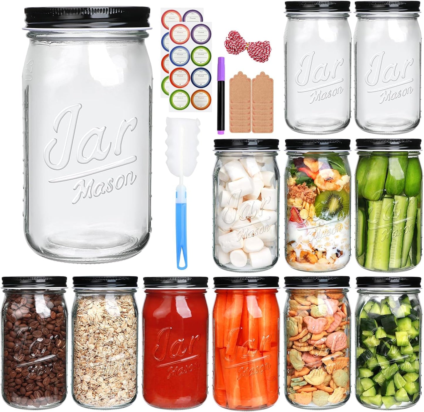 QAPPDA Wide Mouth Mason Jars 32 oz 12 Pack, Large Glass Jars Canning Jar with Lids for Pickling, Storage Food, Meal Prep, Jams, and Spices