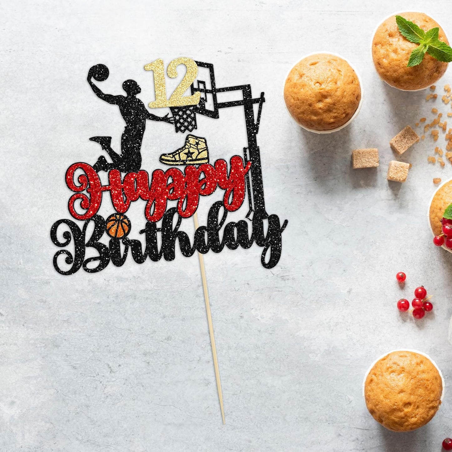 1Pc Happy 12th Birthday Basketball Cake Topper Glitter Basketball Sports Cake Pick Cheers to 12 Years Birthday Cake Decoration for 12th Sports Party Supplies Black