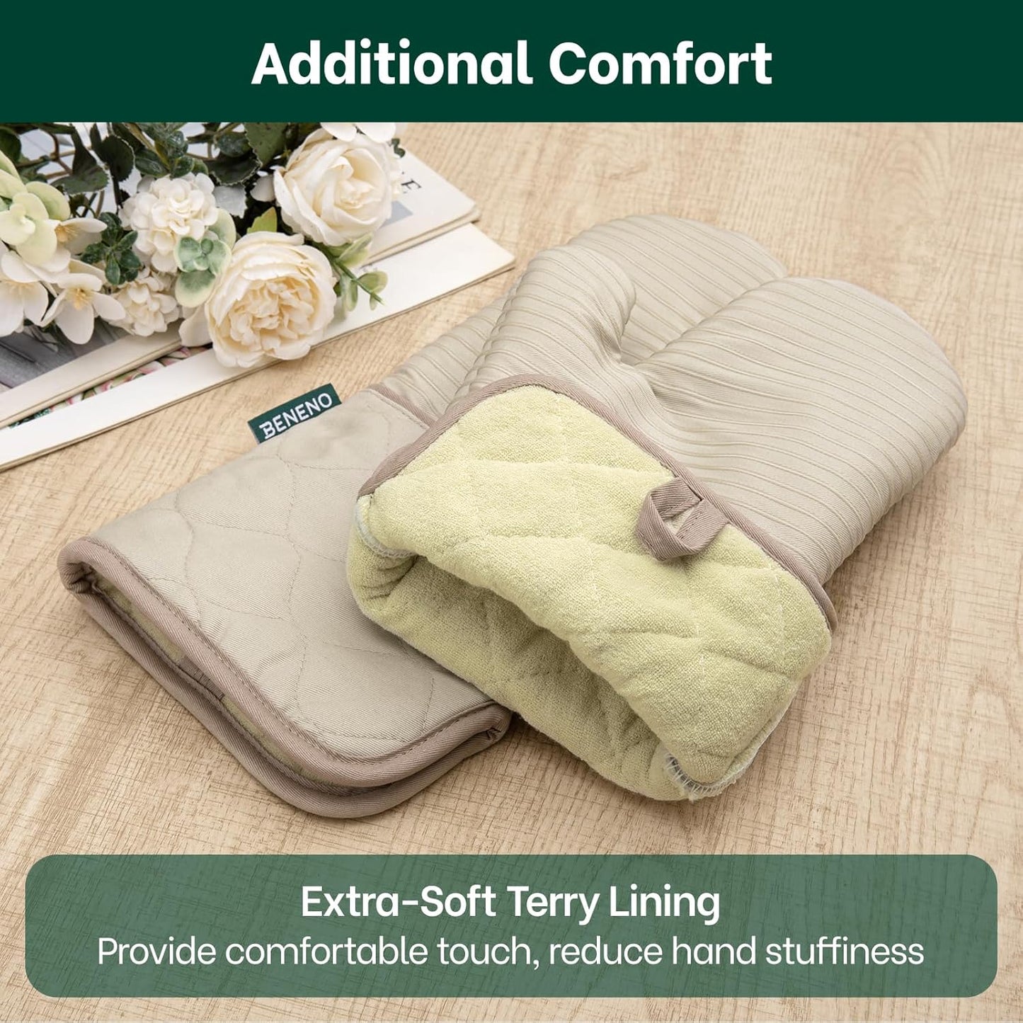 Beneno Kitchen Oven Mitts 2-Pack Heat Resistant to 500°F with Non-Slip Silicone Grip, Extra Long 14.3" Forearm Protection, Soft Quilted Cotton Terry Lining, Ideal for Cooking, Baking, Grilling, Beige