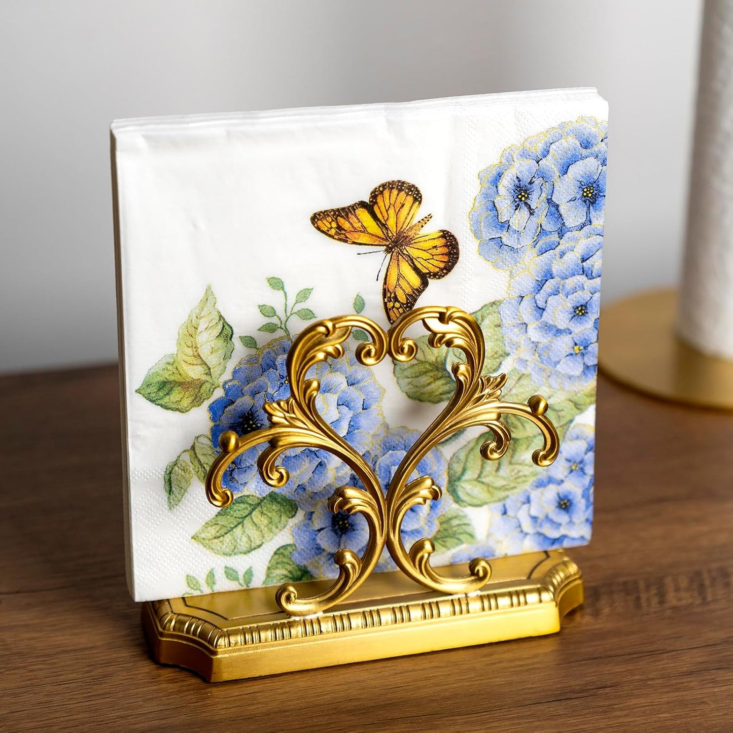 1 Gold Napkin Holder and 50 PCS Hydrangea Paper Napkins,Brass Napkin Holder,Classic combination and matching,Modern Dining Table Decor, Home Decor