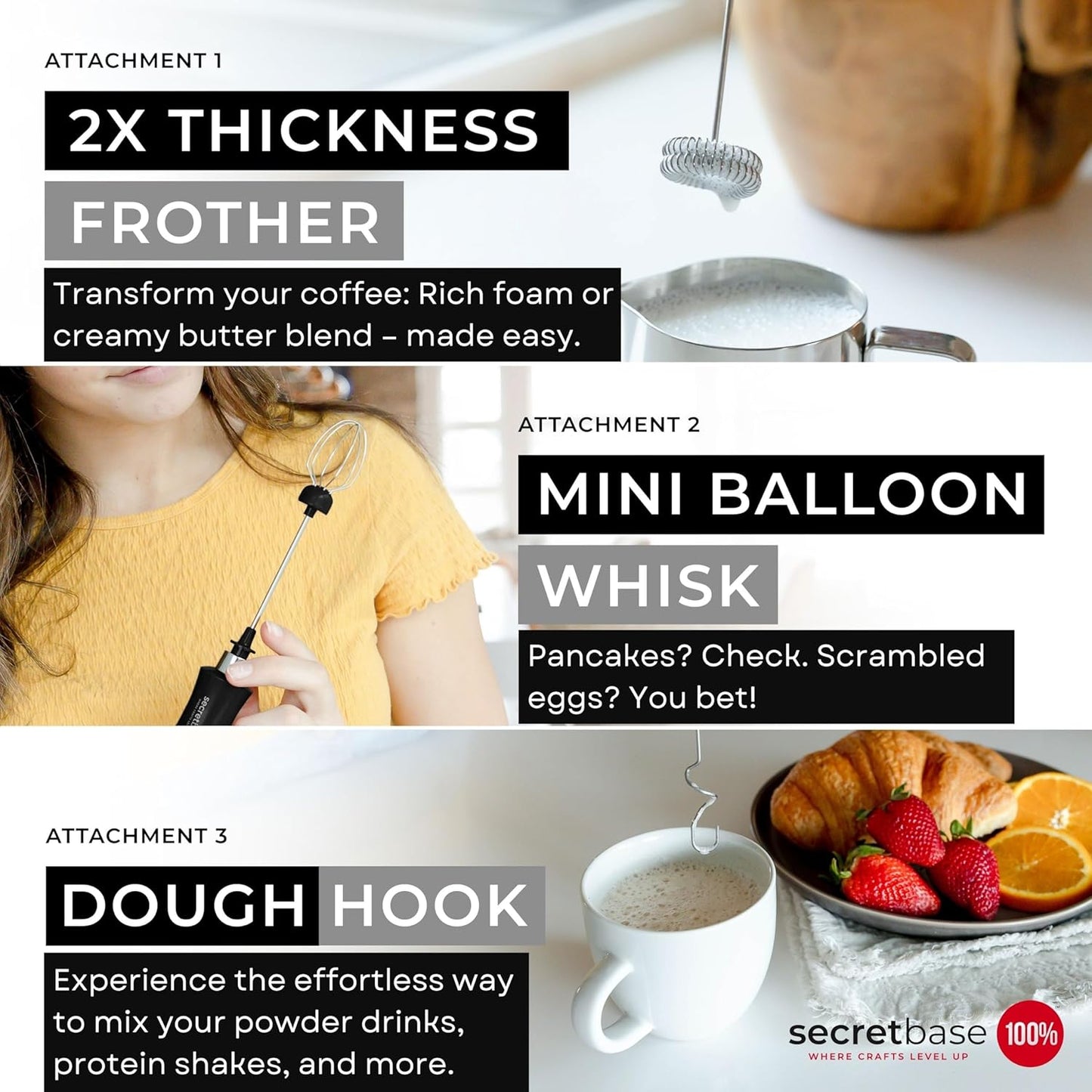 Secretbase 3 Speed Rechargeable Milk Frother and Cup Set, Cordless USB Charging Cradle - Handheld Milk Frother, Double-thickness Whisk, Tiny Egg Beater, Mini Electric Coffee Stirrer(Black)