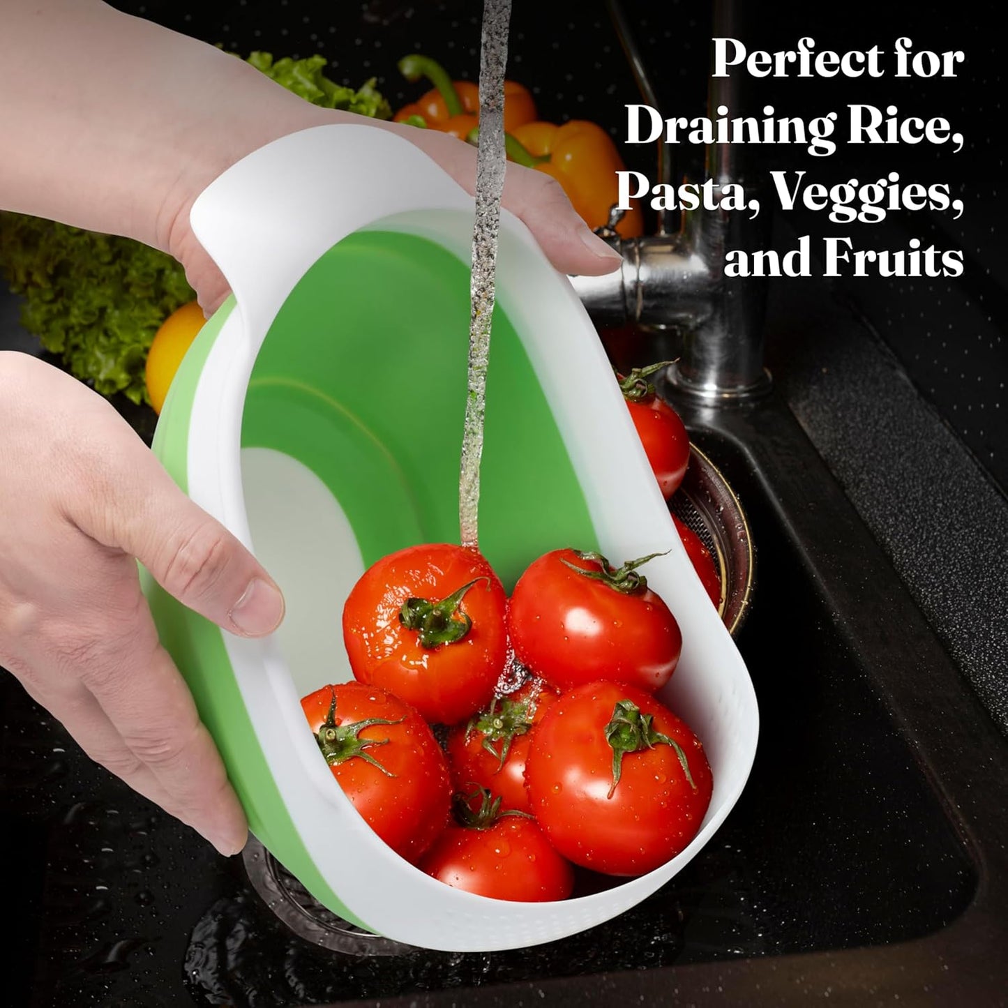 Kitchen Gizmo Collapsible Rice Strainer - Silicone Rice Washer Strainer Bowl - BPA Free - Space Saving Design - Lightweight and Easy to Clean - 5.5 to 3.15 Inches High - Green/Grey