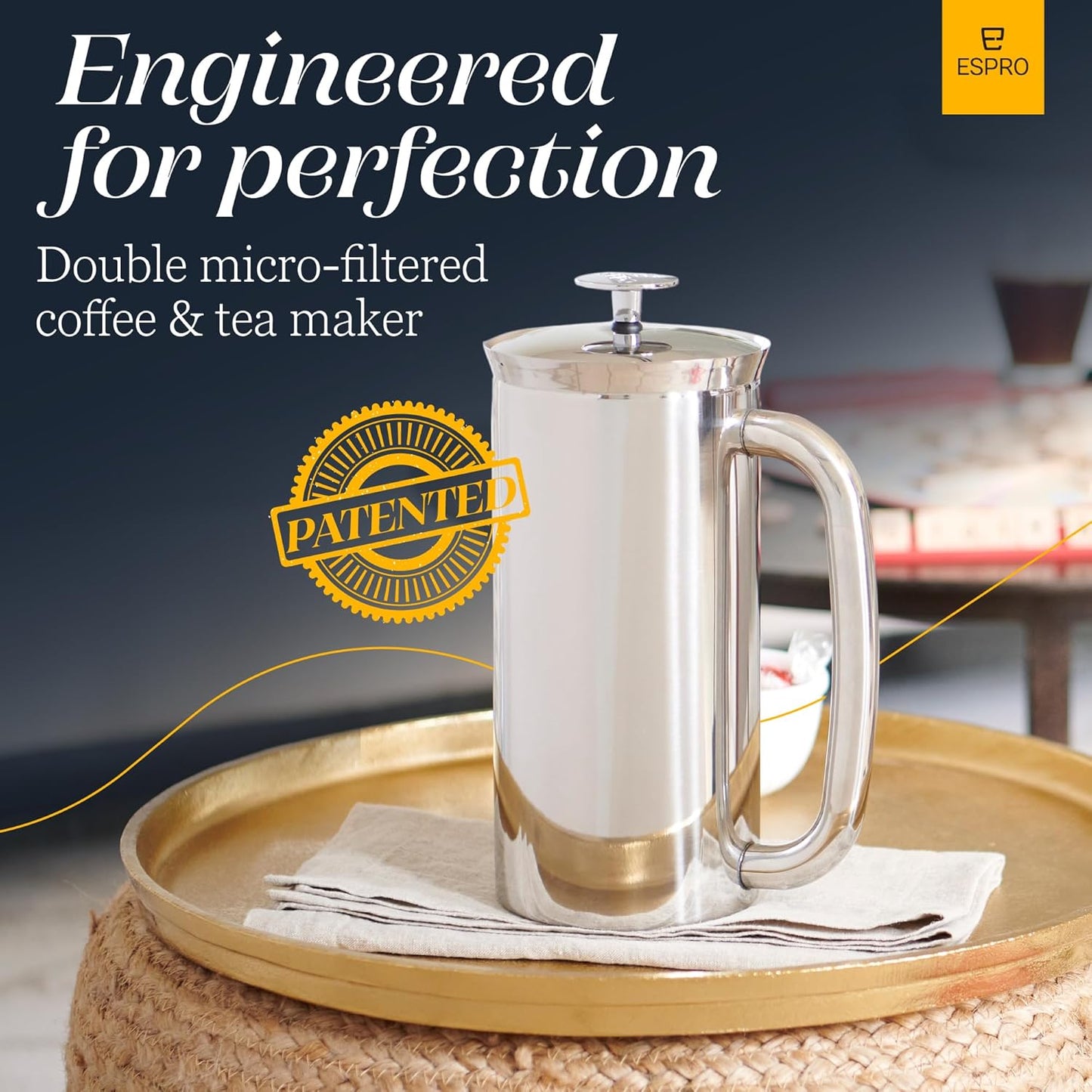 ESPRO P7 French Press Coffee Maker - Double-Walled Stainless Steel Insulated with Micro-Filter, 32 Ounces, Polished Stainless Steel