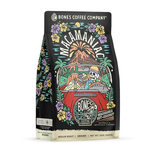Bones Coffee Company Macamaniac, Macadamia and Coconut Flavored Coffee, Medium Roast Low Acid Arabica Beans Compatible with Auto drip and French Press Coffee Maker, 12 Oz Ground
