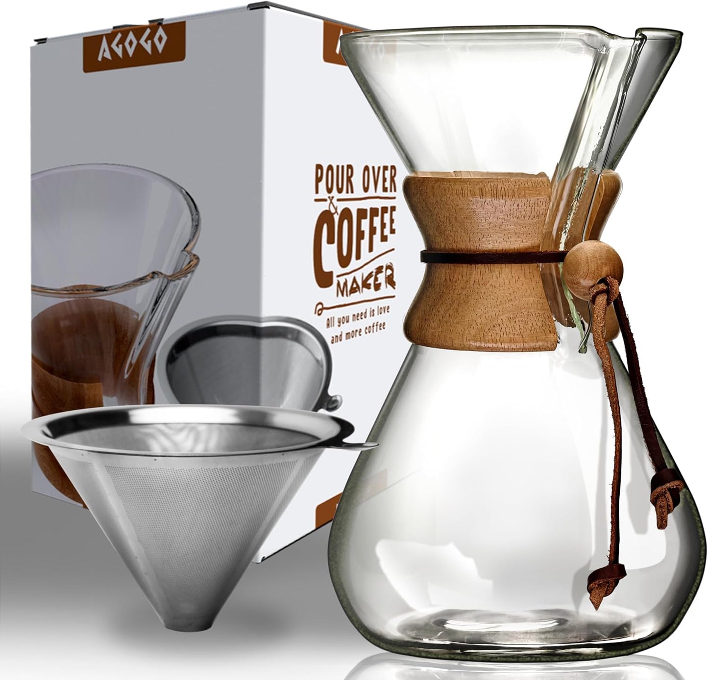 AGOGO Pour Over Coffee Maker Glass - 6/8/10 Cup Barista Kit with 304 Stainless Filter for Home, Office, Camping, Cafes - Easy Clean Coffee Dripper Set (Rag&Brush Included) (10 Cup/34oz)