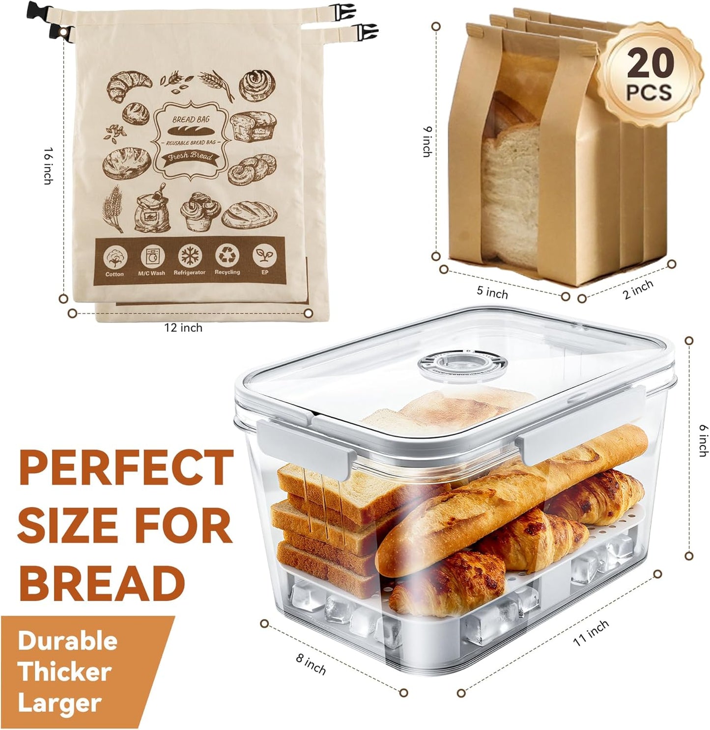Bread Box Set.11in Bread Storage Box with 2 Linen Bread Bags,and 20 Thick Paper Bags,and 32 Sealed Stickers,Time Recording Bread Keeper for Homemade Breads,Toast,and Cookies.