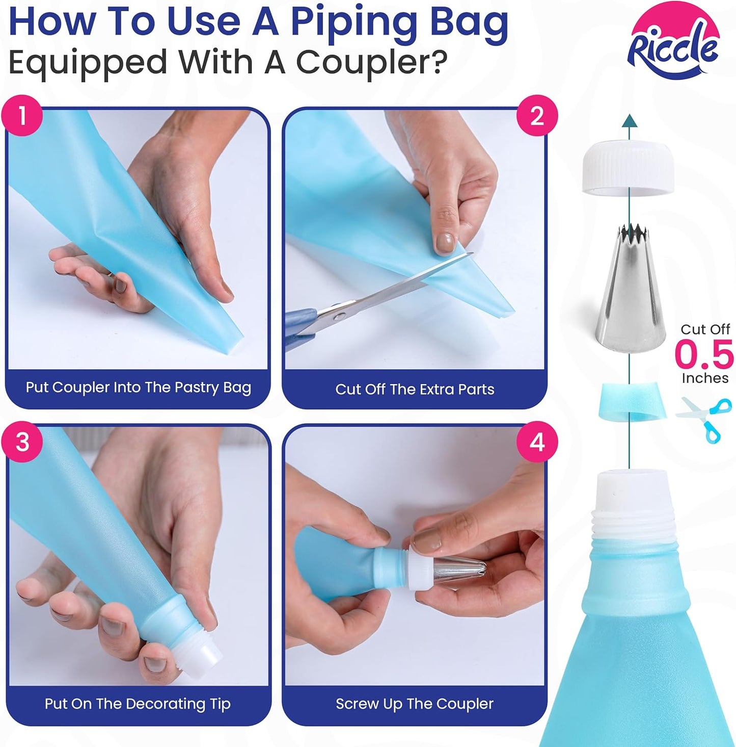 Riccle 94 pcs Cake Decorating Kit with Cake Turntable - Includes 50pcs 16 Inch Disposable + 2 Reusable Piping Bags and Tips Set, 24 Icing Piping Tips, 2 Spatulas, 3 Icing Comb Scraper, 6 Cake Liners