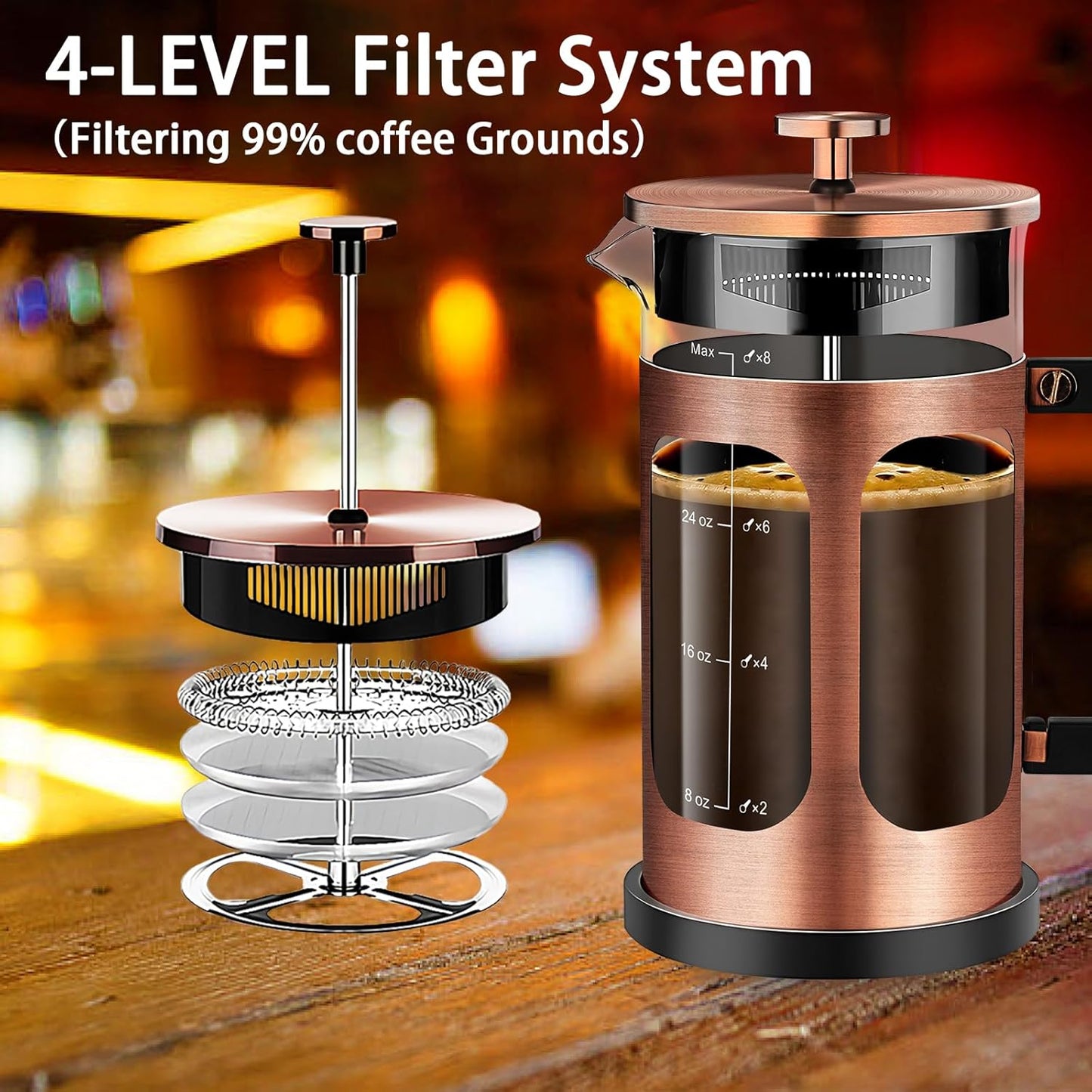 French Press Coffee Maker (34oz 1Quart 5-6Cup) Coffee Press, with 4 Filters System, Heat Resistant Thickness Borosilicate Glass, Cold Brew Coffee Tea Pot Gifts (Copper)