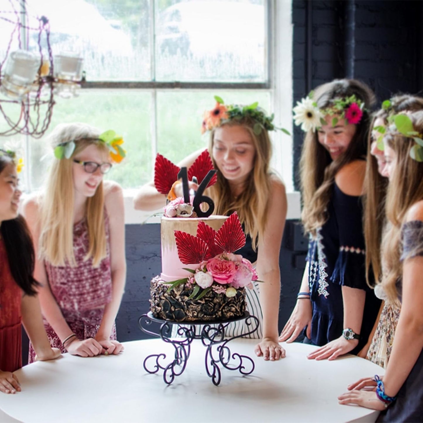 Gyufise 6Pcs Paper Palm Fan Cake Toppers Palm Spear Leaves Fan Cupcake Toppers Cake Insert Decorations Craft DIY Cake Bakeware Decoration for Birthday Party Wedding Party Decor Supplies Light Red