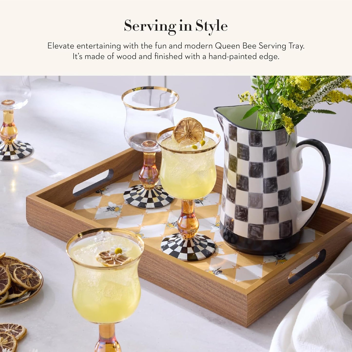 MACKENZIE-CHILDS Wooden Tray with Handles, Rectangular Tray for Serving, Queen Bee