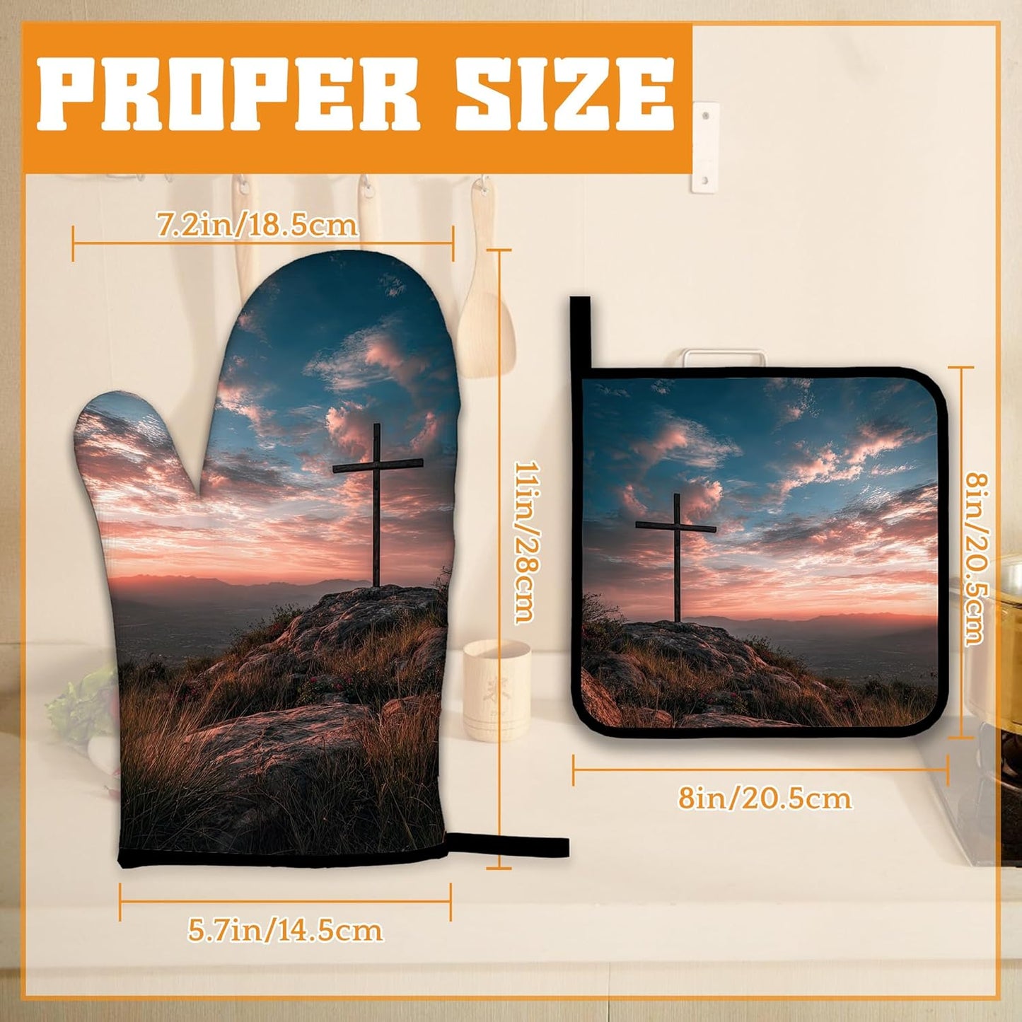 Cross Oven Mitts and Pot Holders Set,Sunset Mountain Kitchen Decor Heat Resistant Non Slip Hot Pads and Oven mitt for Chef Cooking Baking BBQ Mom Girl Gifts(4 Piece Set)