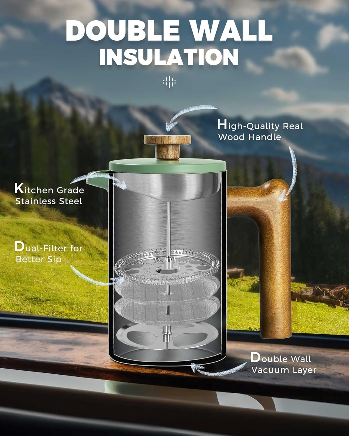 POLIVIAR French Press Coffee Maker, 21 oz Coffee Press with Real Wood Handle, Double Wall Insulation & Dual-Filter Screen, Food Grade Stainless Steel for Good Coffe and Tea, JX2024-SFPN