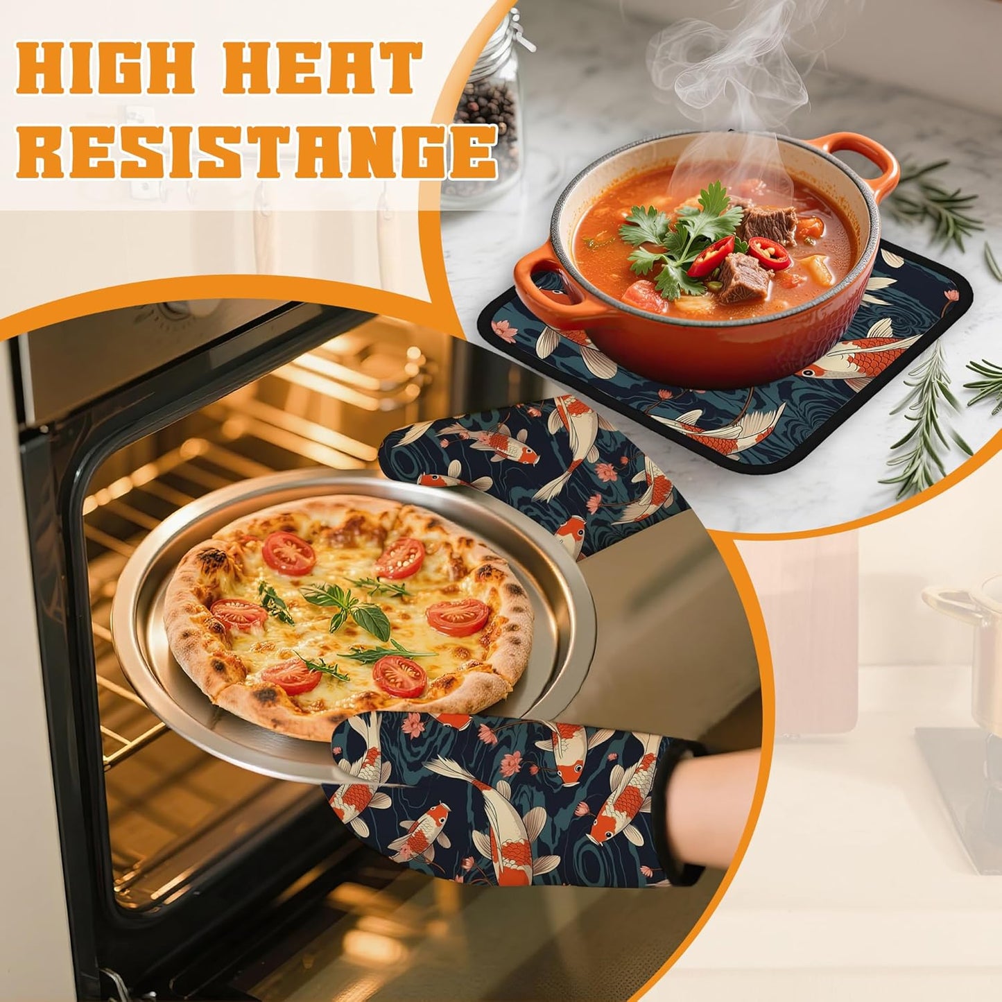 Goldfish Flower Japanese Oven Mitts and Pot Holders,Heat Resistant Oven Mitts Gloves and Pot Holder for Home Kitchen Decorations Cooking Baking BBQ Gifts,Set of 4