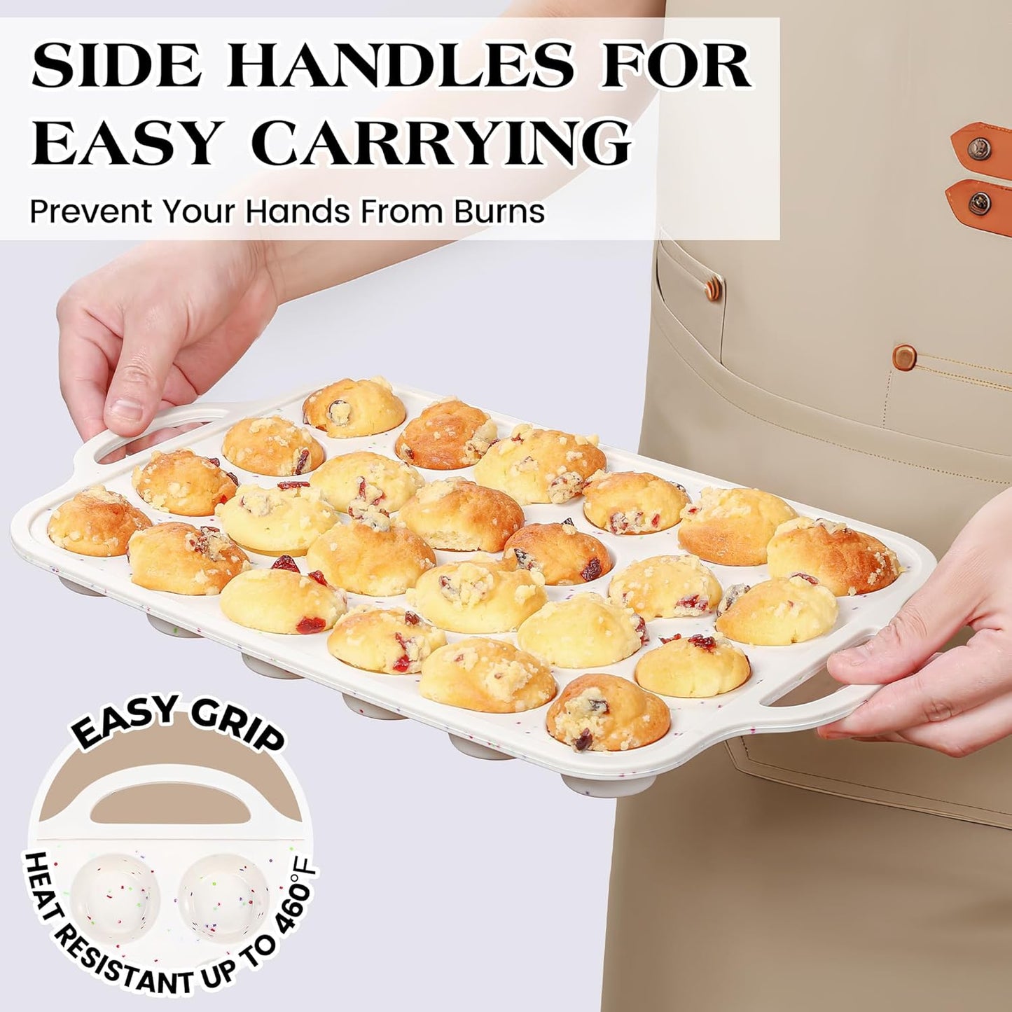 1 Pc Silicone Mini Muffin Pan With Metal Frame, 24 Cups Nonstick Cupcake Tray for Baking, Small Muffin Molds with Handles (Cream)
