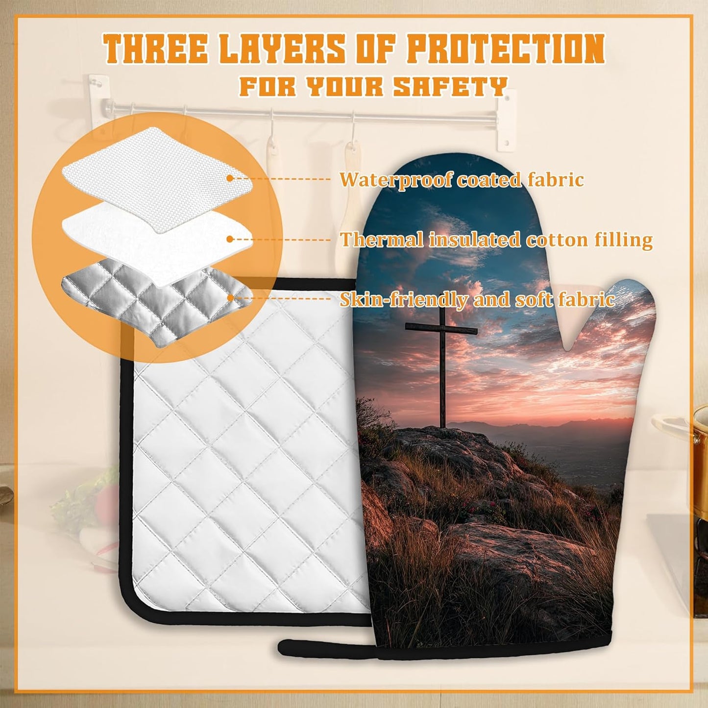 Cross Oven Mitts and Pot Holders Set,Sunset Mountain Kitchen Decor Heat Resistant Non Slip Hot Pads and Oven mitt for Chef Cooking Baking BBQ Mom Girl Gifts(4 Piece Set)