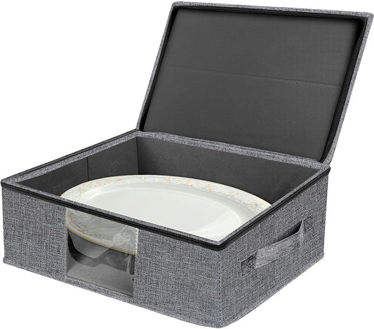 Platter Storage Case - Plate Storage Containers with PVC Windows,16.5“x12.6x5.5'', Stackable China Storage Containers Hard Shell,4 Felt Dividers Included for Dish,Plate, Dinnerware and Transport(Gray)
