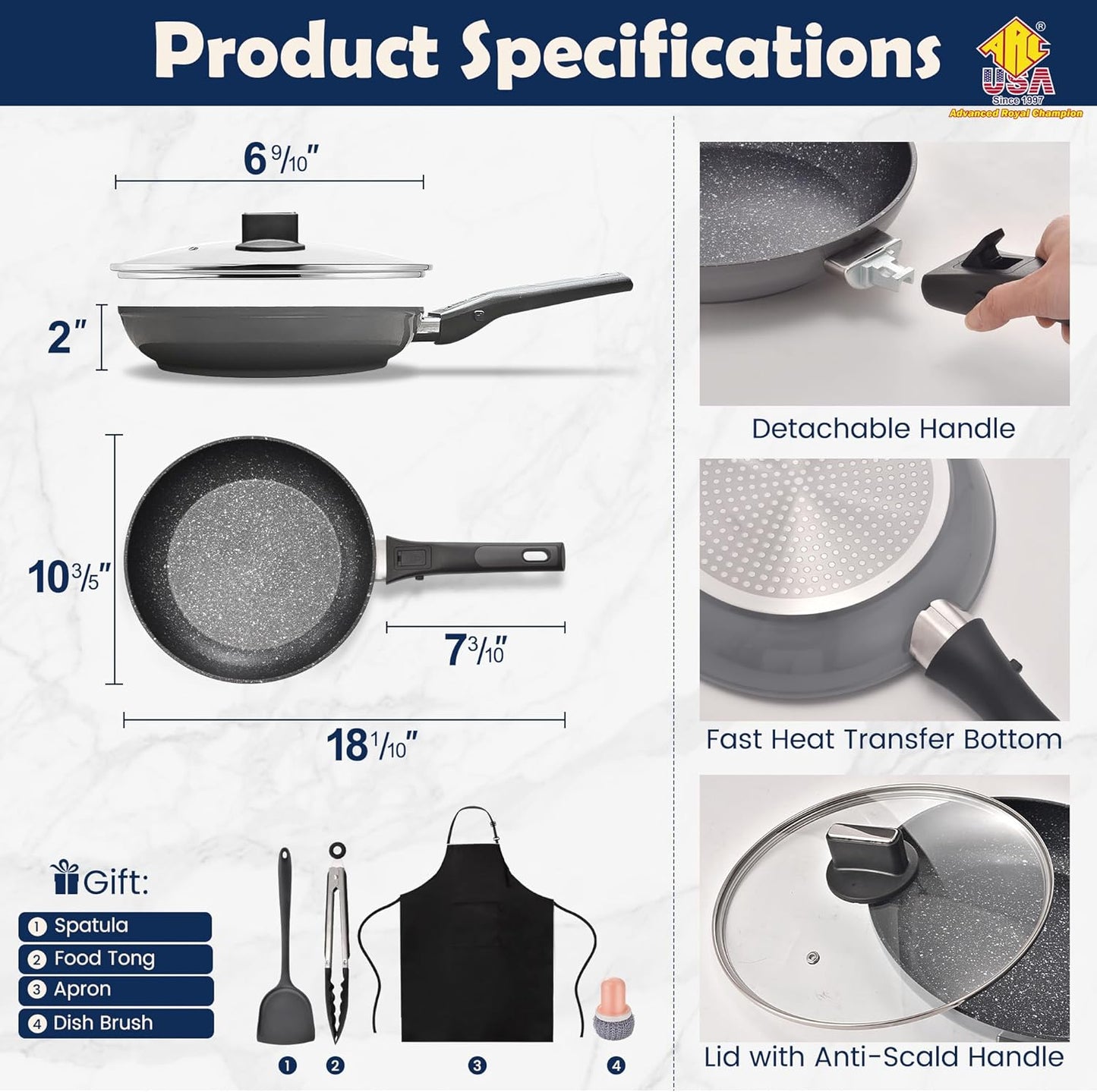 ARC Nonstick Frying Pan Skillet With Removable Handle,10 Inch Skillet with Lid Egg Pan Non Stick Saute Pan, Oven and Dishwasher Safe, PFOA Free Cookware Cooking Pan For Induction Cooktops