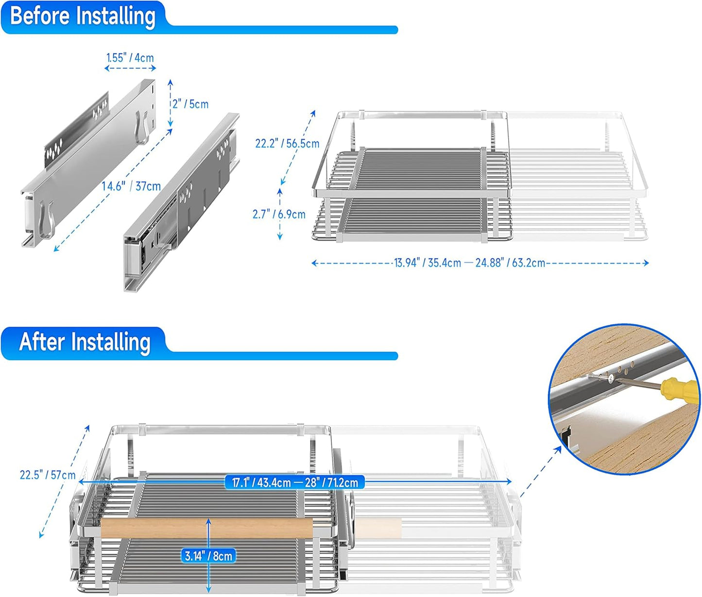 2Pack Expandable Pull Out Cabinet Organizer, 17.1~28"W x 22.5"D Heavy Duty Slide Out Shelves Adjustable Height Cabinet Pull Out Shelves,Expandable Width Spice Rack Organizer for Kitchen