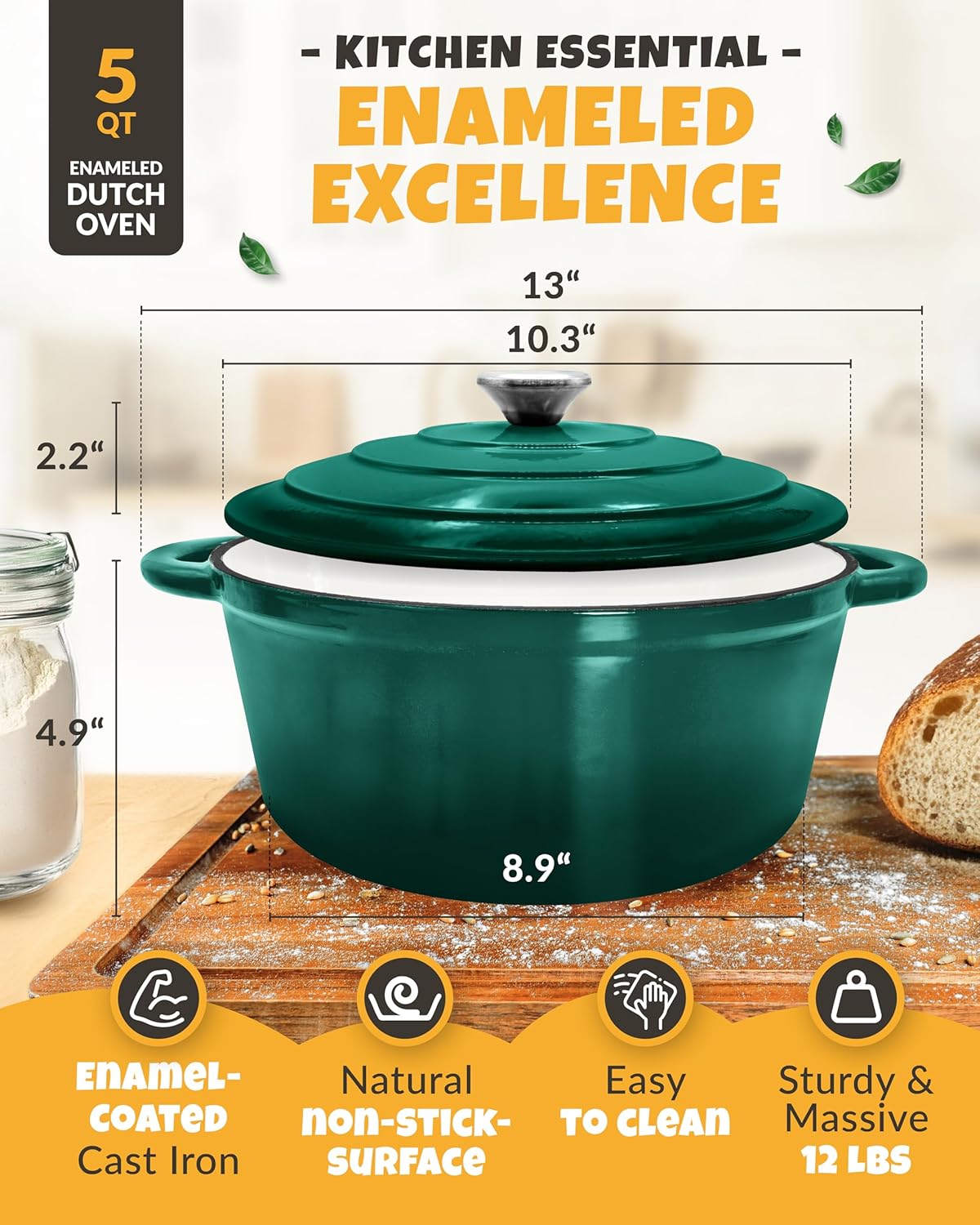 Dutch Oven for Bread Baking - incl. Sourdough Bread-Baking Supplies like Banneton Bread-Proofing Basket - 5QT Enameled Cast Iron Bread-Oven with Lid, Baking Pan, Scoring Tool Lame