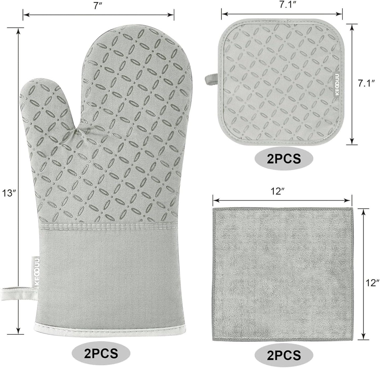 KEGOUU Oven Mitts and Pot Holders 6pcs Set, Kitchen Oven Glove High Heat Resistant 500 Degree Extra Long Oven Mitts and Potholder with Non-Slip Silicone Surface for Cooking （Greenish Gary）