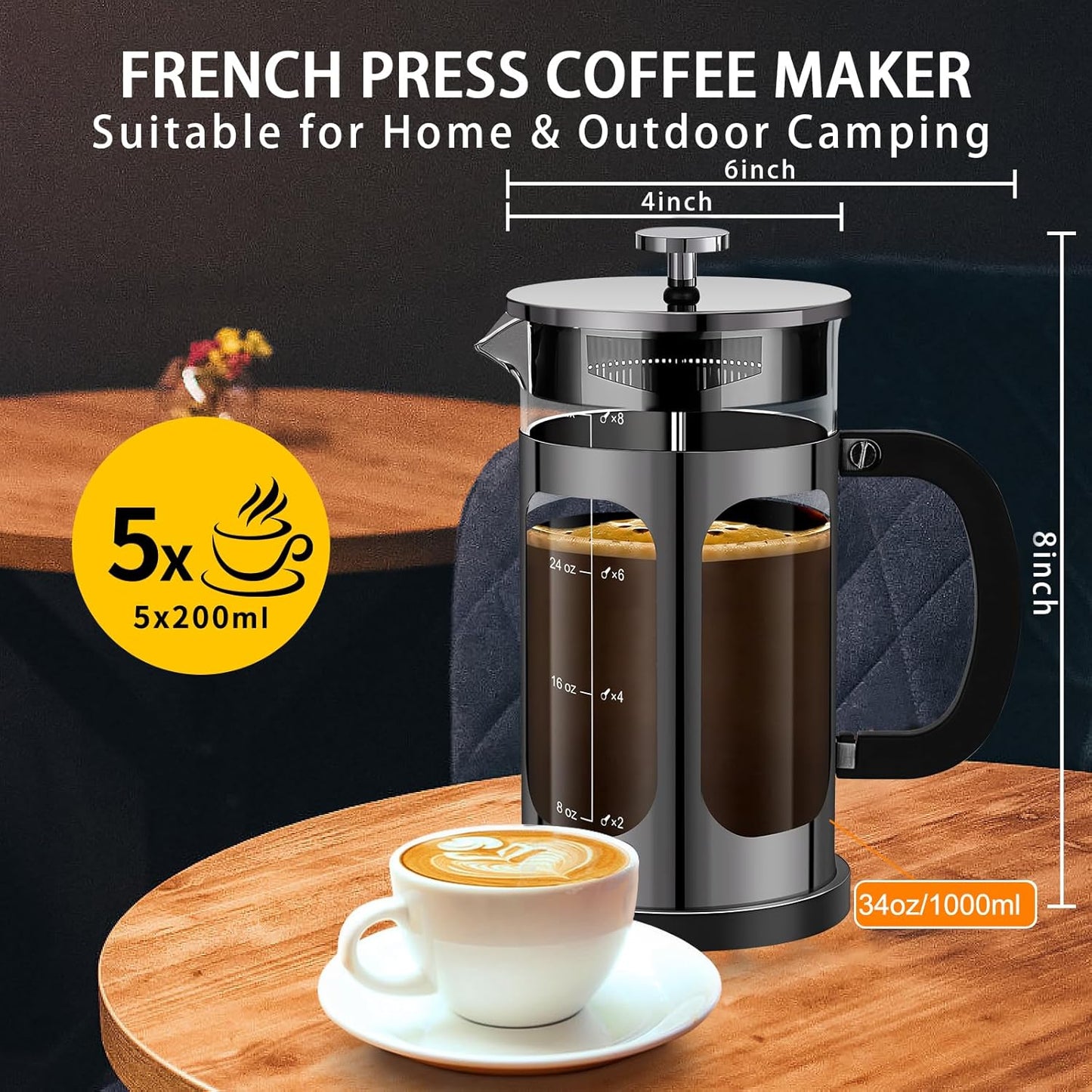 French Press Coffee Maker (34oz 1Quart 5-6Cup) Coffee Press, with 4 Filters System, Heat Resistant Thickness Borosilicate Glass, Cold Brew Coffee Tea Pot Gifts (Bright Black)
