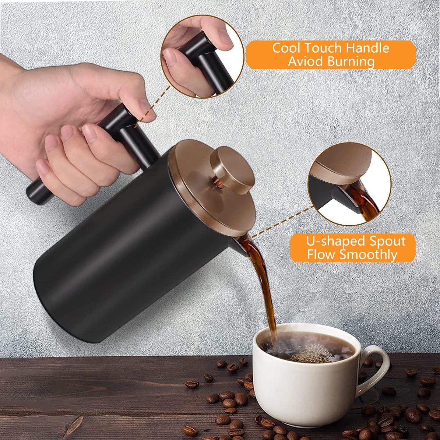 Small French Press Coffee Maker 600ml, Black Double-Wall Insulated French Press Coffee Press Stainless Steel for travel camping, Included 2 Extra Fliters and 1 Coffee Spoon (2-4cup, 20 OZ)