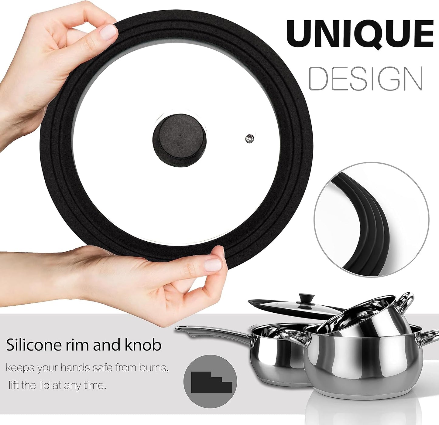 Tempered Glass Lid Set of 2 - Universal Lids with Heat Resistant Silicone Rim for Pots, Pans and Skillets - Pan Cover Replacement Lids Fit 6.5", 7", 8" and 9.5", 10", 11" Diameter Cookware