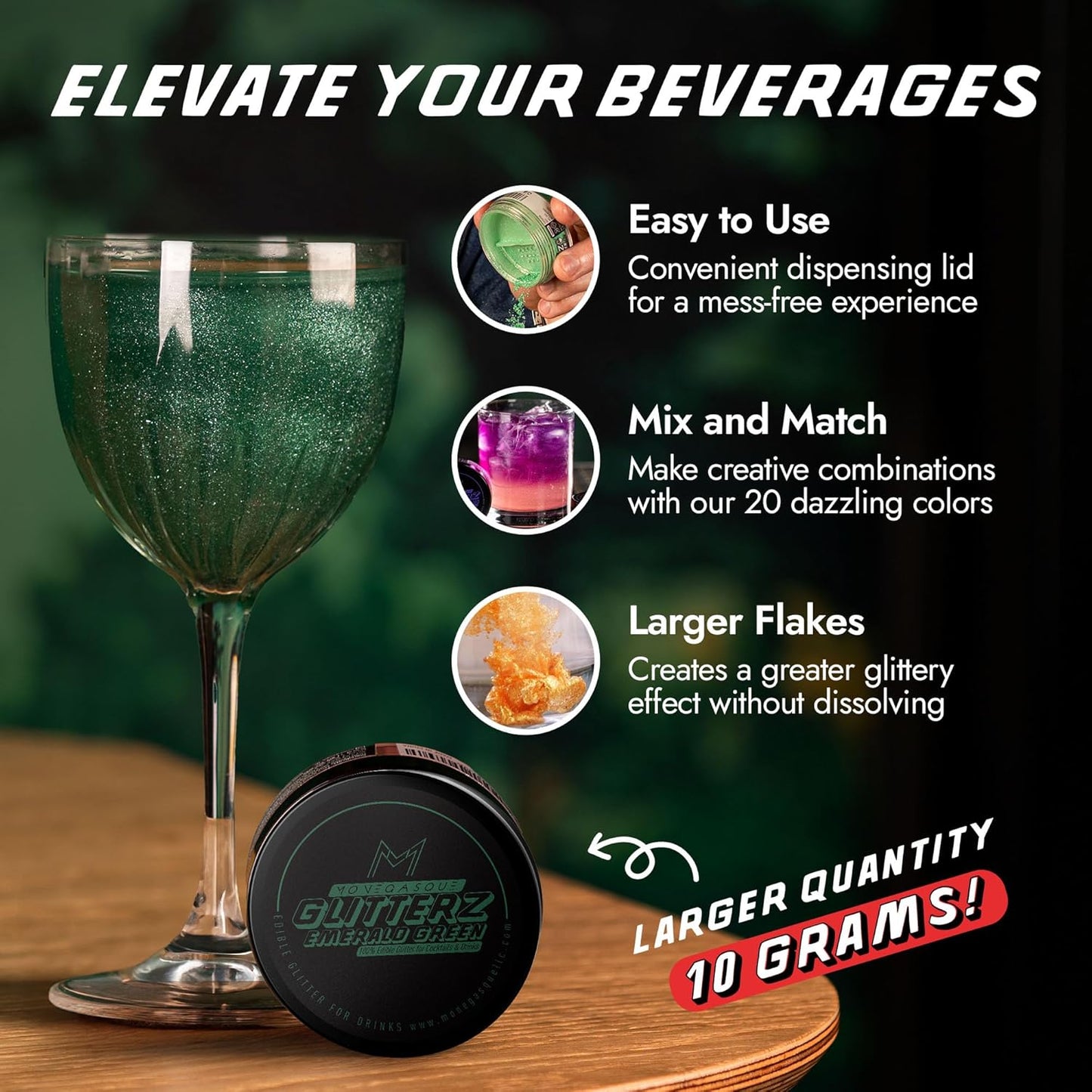 MONÉGASQUE Emerald Green Edible Glitter for Drinks 10g – Green Edible Glitter for Cakes & Cocktails – Halloween Food Coloring Spray for Cake Decorations – Drink Shimmer Powder – Cake Sprinkles