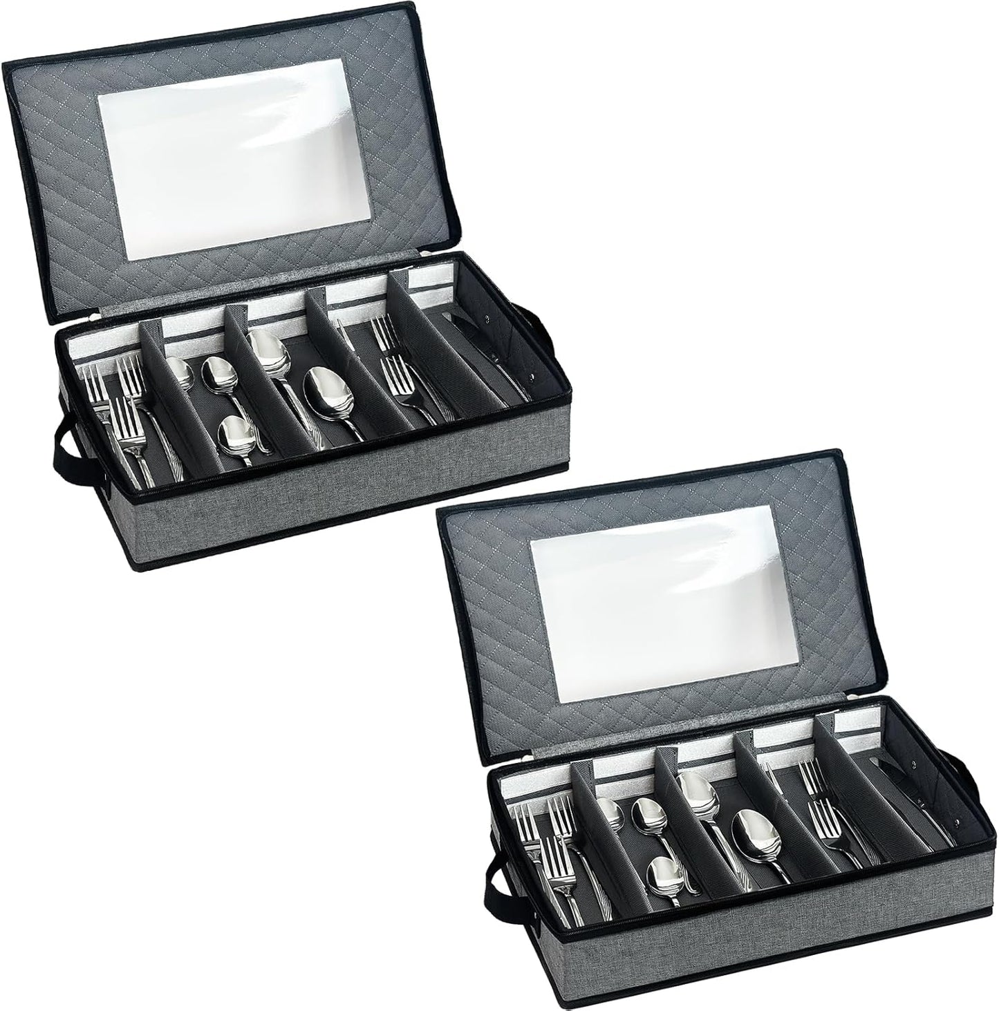 VERONLY 2 Pack Flatware Utensil Storage - Sturdy Silverware Storage Box with Dividers, 5 Compartment Flatware Storage Case with Handles and Removable Lid for Moving&Protected(Dark Gray)