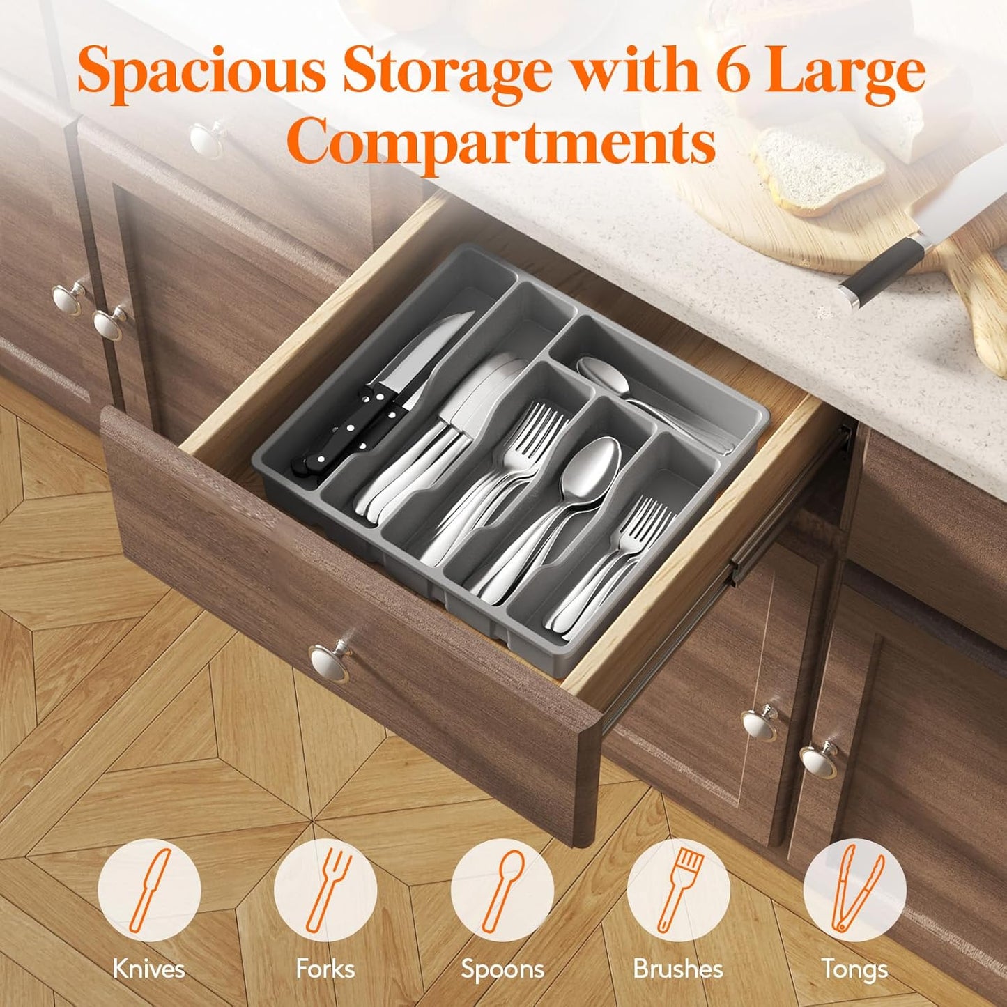 Lifewit Silverware Drawer Organizer Tray, Plastic Cutlery Storage for Kitchen Drawer, Flatware and Utensil Holder Divider for Spoons Forks Knives Tableware, 6 Compartment, Gray