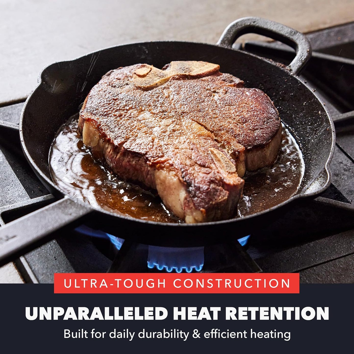 GreenPan x Bobby Flay 12” Cast Iron Pre-Seasoned Skillet with Helper Handle, Professional Grade Heavy Duty, Induction, Pour Spouts, Versatile Stovetop, Oven, BBQ Grill Fire, Indoor/Outdoor Use, Black