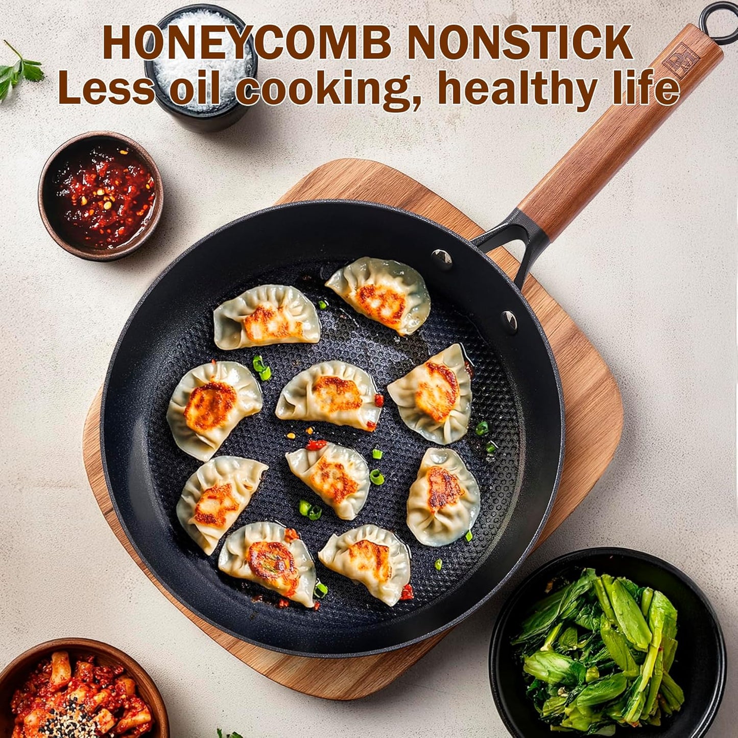 DM Cast Iron Skillet, 2 Piece Nonstick Frying Pan Set, 8 and 10 Inch with Detachable Acacia Wooden Handle, Honeycomb Non stick Omelet Egg Pan, Easy Clean Oven Safe Pans for Cooking