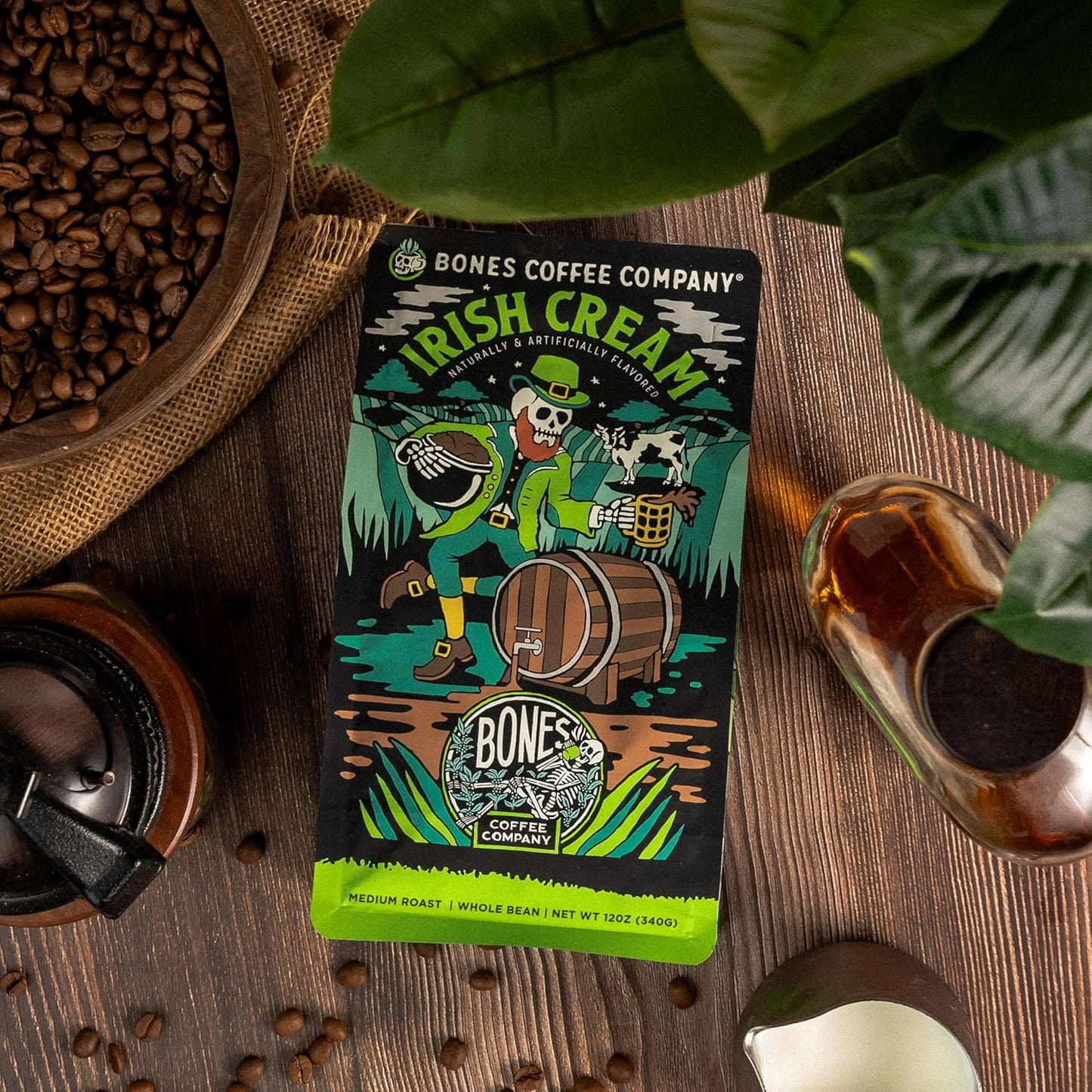 Bones Coffee Company Irish Cream, Creamy Liqueur Flavored Coffee, Medium Roast Low Acid Arabica Beans Compatible with Auto drip and French Press Coffee Maker, 12 Oz Whole Bean